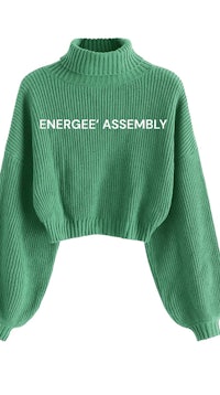 a green cropped sweater that says energize assembly