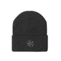 a black beanie with a skull on it
