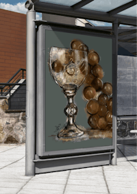 a bus stop with a painting of a glass of grapes