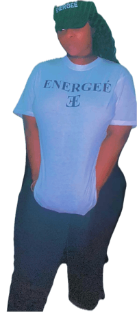 a woman wearing a t - shirt that says energize e