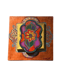 a painting of a flower on an orange background