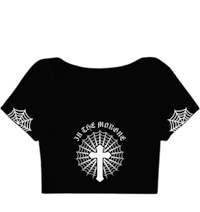 a black crop top with a cross on it