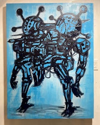 a painting of a robot on a blue background