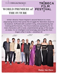 a group of people standing on a red carpet with the words world premiere of the future