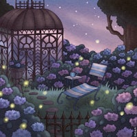 a drawing of a garden with fireflies