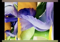 a painting of purple and yellow irises in a vase