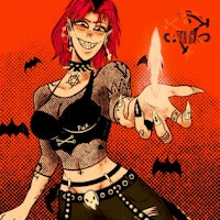 a girl with red hair holding a bat in her hand