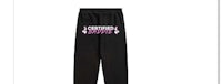 a black sweatpants with a pink logo on them