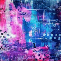 an abstract painting with blue and pink colors