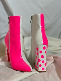 pink and white polka dot ankle boots