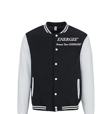 a black and white varsity jacket with the word energize on it