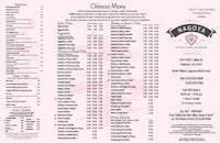 a menu for a chinese restaurant with a pink background