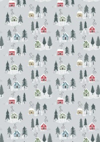 a pattern with houses and trees on a grey background