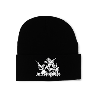 a black beanie with a skull and crossbones on it