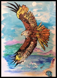 a drawing of an eagle flying over the ocean