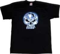 a black t - shirt with a blue skull on it