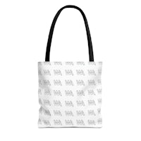 a white tote bag with black letters on it