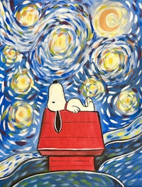 a painting of snoopy sleeping under a starry sky