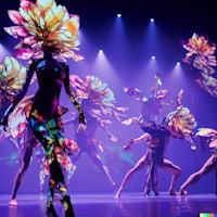a group of dancers on stage with colorful lights
