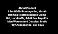 a black background with the words about product 1 edsm bondage set mouth ball restraint adult nipple