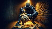 a thief kneeling down next to a bag of bitcoins