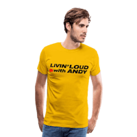 a man wearing a yellow t - shirt that says livin' loud with andy