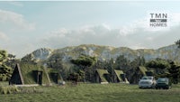 a rendering of tents in a grassy field with mountains in the background