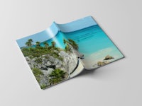a brochure with an image of a beach and palm trees