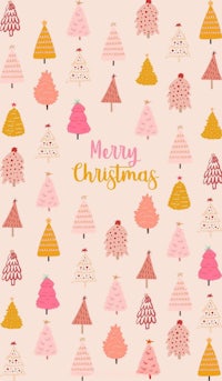 merry christmas card with pink and yellow trees
