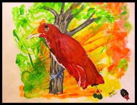 a painting of a red bird perched on a tree