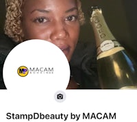 a woman holding a bottle of champagne with the words stampbeauty by macam