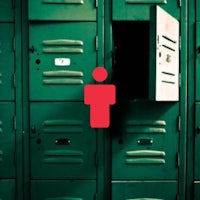 a green locker with a red man in it