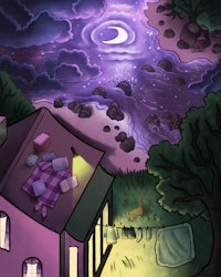 a drawing of a house with a purple sky