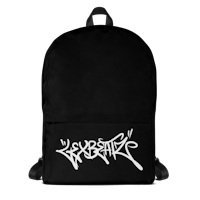 a black backpack with graffiti on it