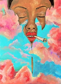 a painting of a woman smoking a cigarette in the sky