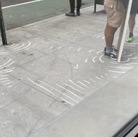 a group of people standing on a sidewalk with chalk on the sidewalk