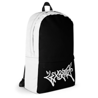 a black and white backpack with graffiti on it