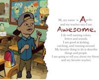 a picture of a boy in a classroom with the words, he's awesome