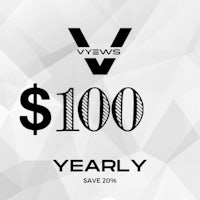 a black and white logo with the words views $100 year - 20% off