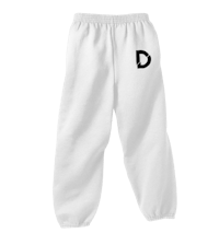 a white sweatpants with the letter d on them