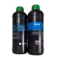 two bottles of pr - h liquid on a black background