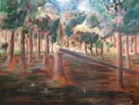 a painting of trees in the woods