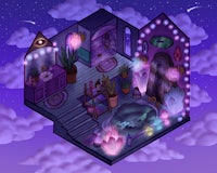 an illustration of a purple room with a lot of lights