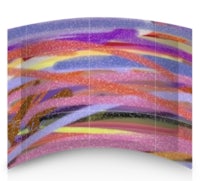 a purple, pink, and yellow painting on a curved screen