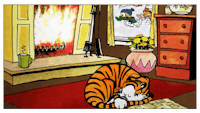 a cartoon of a tiger sleeping in front of a fireplace
