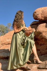 EVERLAST forest green silk pleated floor length gown 