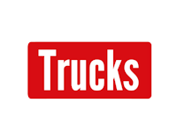 a red and white truck logo on a black background