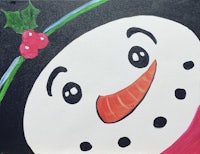 a painting of a snowman with holly leaves