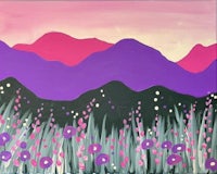 a painting with purple flowers and mountains in the background