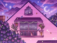 a purple house with a balcony and flowers